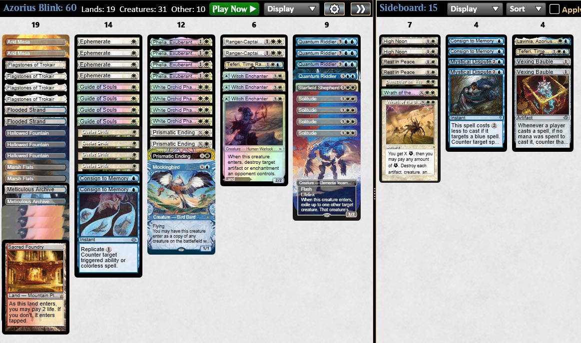 Dakota592018's tweet photo. Won RCQ 17 Players with Azorius Blink 6-0-2 score.

Round 1. Boros Energy ☠️😼😼
Round 2. Affinity 😼😼
Round 3. Eldrazi Tron ☠️😼😼
Round 4. ID 🤝
Round 5. ID 🤝

Quarter. Eldrazi Tron 😼😼
Semi.  Broodscale 😼😼
Final. WR Ponza 😼😼🤝 face my team mate

RC Ghent unlocked https://t.co/8DT2hM0HZM
