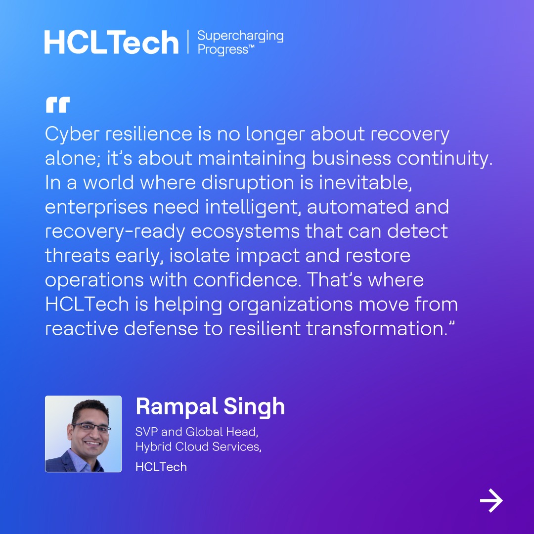 hcltech's tweet photo. Cyber disruption can affect operations, revenue and trust in minutes.

HCLTech helps enterprises build cyber resilience into the digital foundation, with recovery-ready ecosystems designed to detect threats early, isolate impact and restore operations with confidence.
