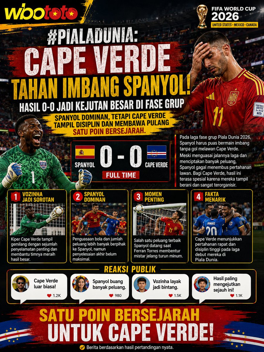 horror_yearbook's tweet photo. CAPE VERDE TAHAN IMBANG SPANYOL! JADI SOROTAN DUNIA!

spanyol tampil dominan, tetapi cape verde tampil disiplin dan membawa pulang satu poin bersejarah

#spanyol #capeverde #wbototo https://t.co/kEU0Kon6gy