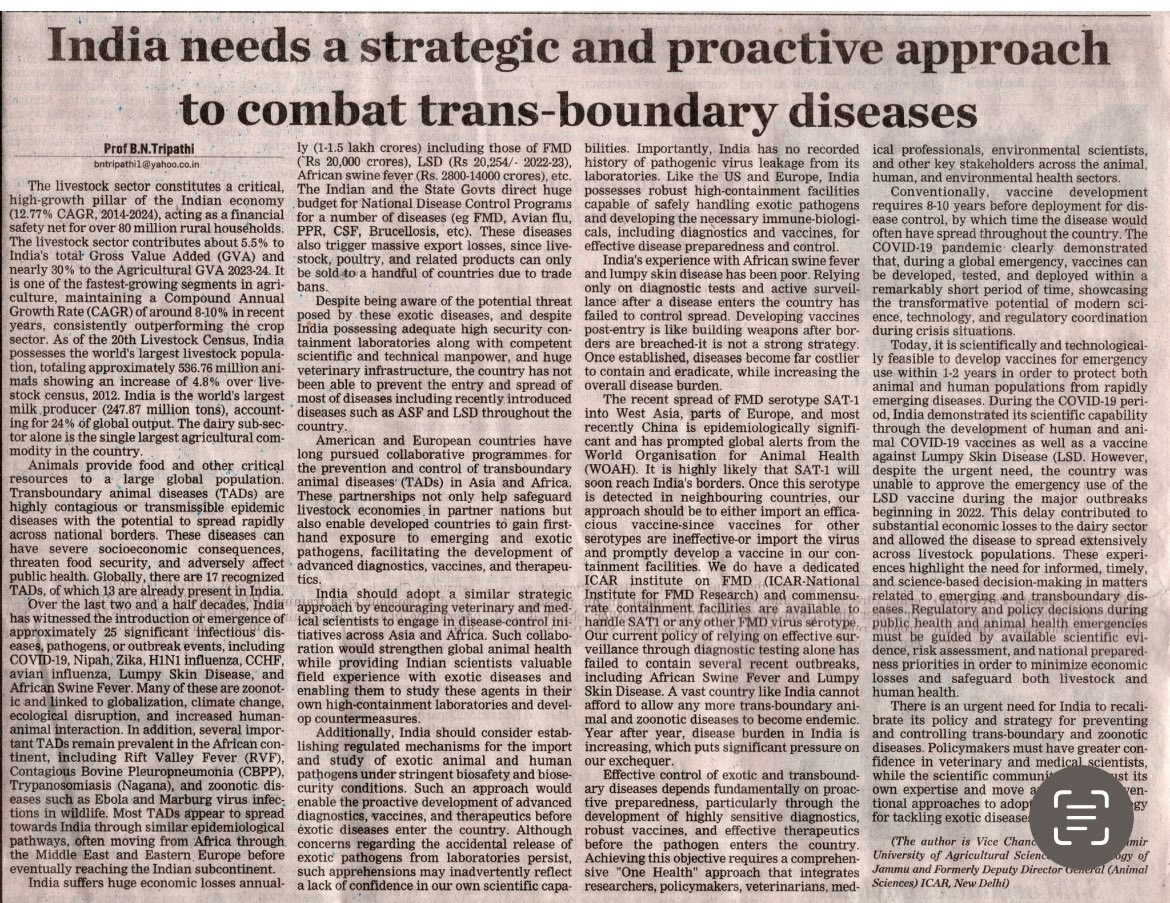 CellSkuast's tweet photo. A timely and insightful article by Prof. B.N. Tripathi, Hon’ble Vice Chancellor highlighting the urgent need for a strategic and proactive approach to combat trans-boundary diseases in India## Must read##

Available on the below mentioned link as well##
https://t.co/H4UBiJdloW https://t.co/RxKAhKhoz5