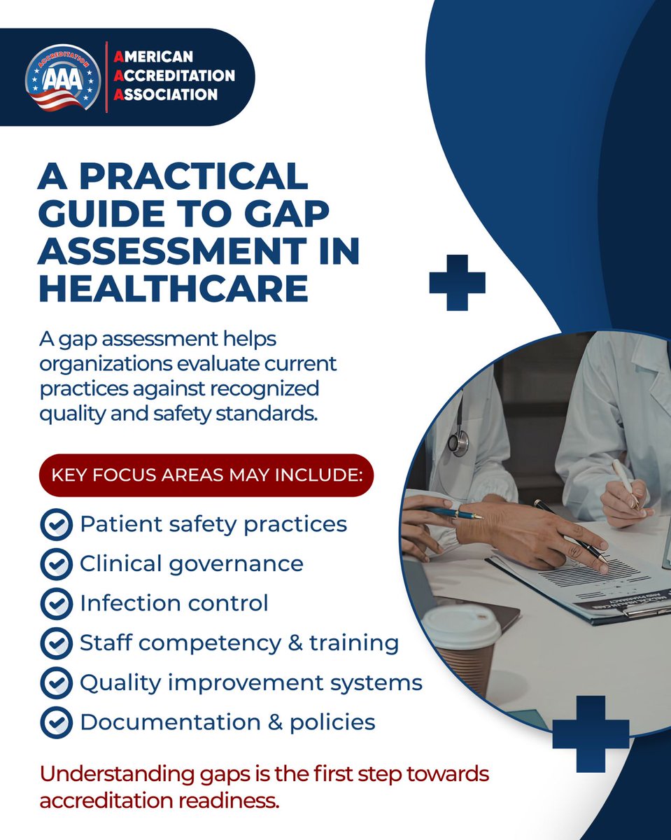 AAAccreditation's tweet photo. Before accreditation comes assessment.

A healthcare Gap Assessment helps organizations identify strengths, uncover improvement opportunities, and align with recognized quality and patient safety standards.
Understanding the gaps is the first step toward accreditation readiness. https://t.co/9f4rmPfyWN