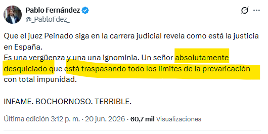 enderscott's tweet photo. @PoderJudicialEs ¿Os acordáis de cuando el CGPJ se reunió de urgencia un domingo para valorar los ataques a la Jueza de David, a Pedraz, a Castellón, o al propio Peinado? 
Aquí el ejemplo del portavoz de un partido: https://t.co/beTHZDLFpf