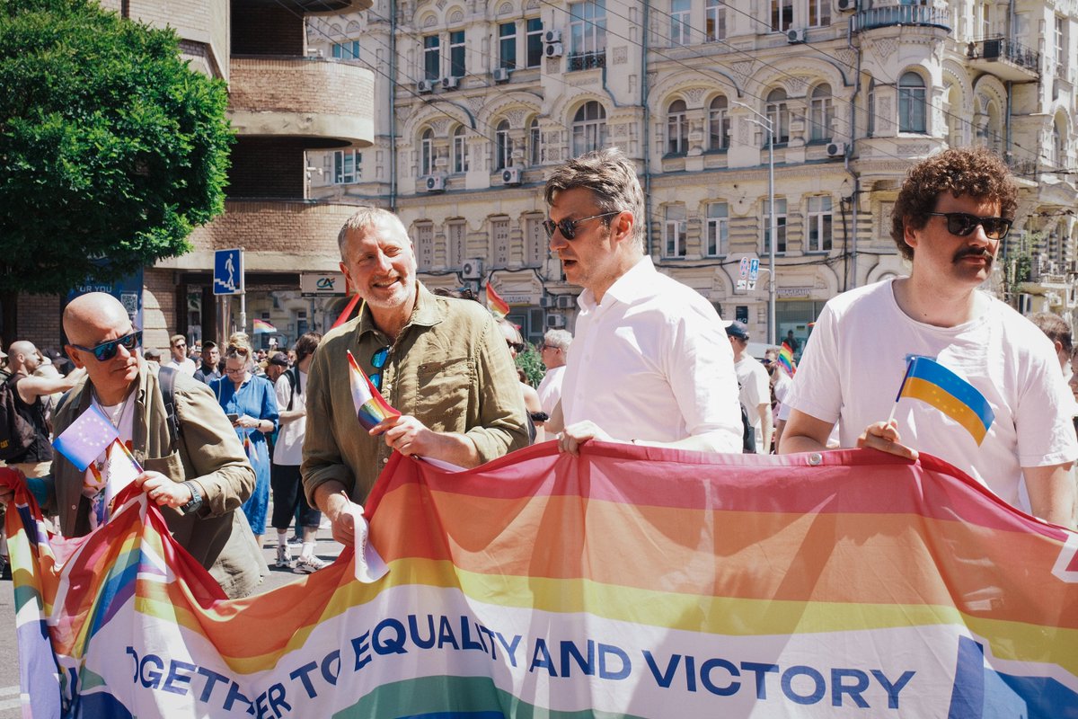 AUinUA's tweet photo. Proud to march at #KyivPride2026 this weekend - joined by 5,000 people from Ukraine's LGBTQI+ community, diplomatic colleagues, military personnel, veterans, and civil society.   
Democracy is strongest when everyone is free to live with dignity, equality and without fear.🏳️‍🌈🏳️‍⚧️ https://t.co/5At6kop2qy