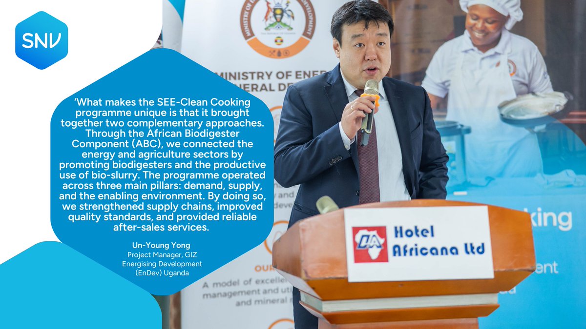 SNVinUganda's tweet photo. @giz_uganda @BiogasUganda @MEMD_Uganda @MAAIF_Uganda @brianisabirye @esnyanzi @Emashoo 2/ Speaking at the #SEECleanCooking Showcase & Closing Workshop last week, Mr Un-Young Yong, Project Manager, @giz_uganda Energising Development, highlighted that what makes the programme unique is its ability to connect the energy & agriculture sectors through the #ABC project💡 https://t.co/3V1X9yR1Gs