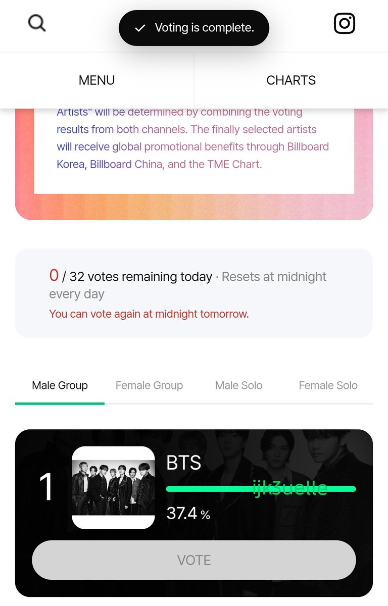 ijk3u's tweet photo. ARMYs! Vote for #BTS on the Billboard Korea’s Website! 🚨

🖇️ : https://t.co/v3KdyHVbo9

BB KR

• Log in with your email/s (can use incognito app to vote using other email)
• Vote for BTS in “Male Group” category 
• Make sure it's 32/32 https://t.co/SjxU0gr7cz
