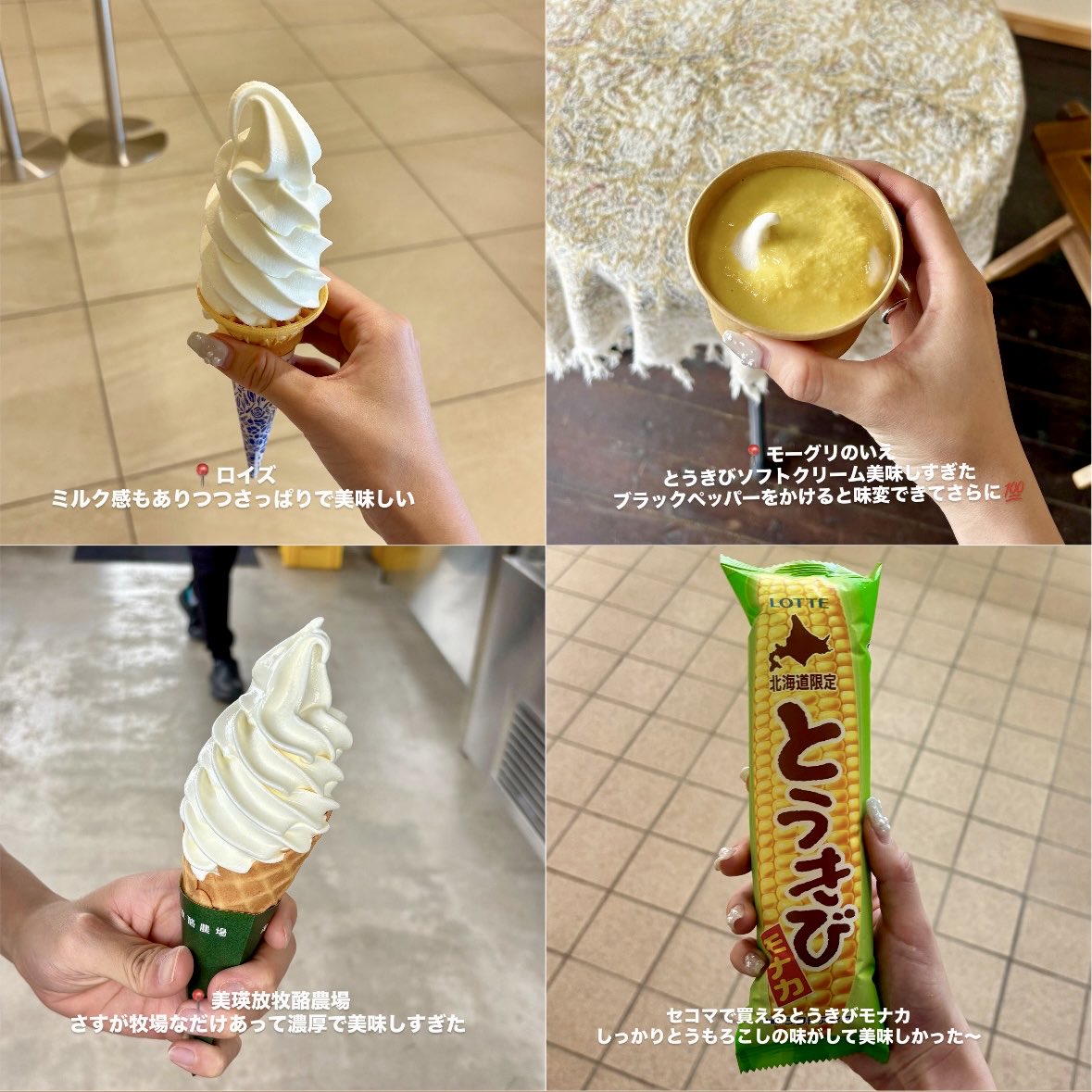 66aayy's tweet photo. 北海道旅行で食べたソフトクリームまとめ🍦
どれも本当に美味しかったけど、
1番好きだったのは、きのとやの「極上牛乳ソフト」🏆
牛乳ベースの中にマスカルポーネチーズが入っていて、とにかく濃厚でめちゃくちゃ美味しい、、、！ https://t.co/oFJKXUh8ub