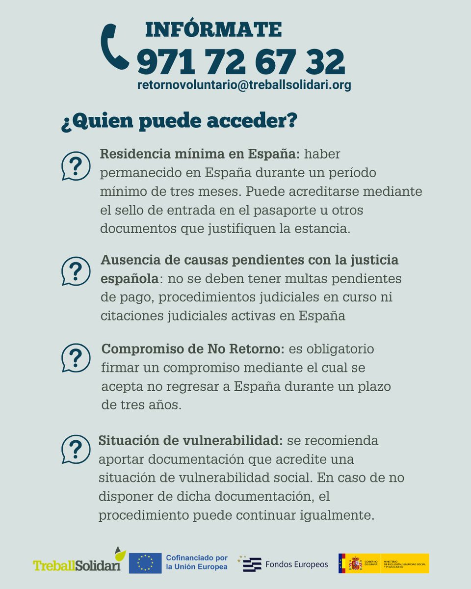 treballsolidari's tweet photo. ¿Pensando en regresar a tu país de origen? En #TreballSolidari te acompañamos para un retorno seguro, digno y con garantías.
📞 971 72 67 32 |📧 retornovoluntario@treballsolidari.org
Financiado por el @InclusionGob y cofinanciado por la UE (#FAMI y Fondos Europeos) https://t.co/mhRionosVx