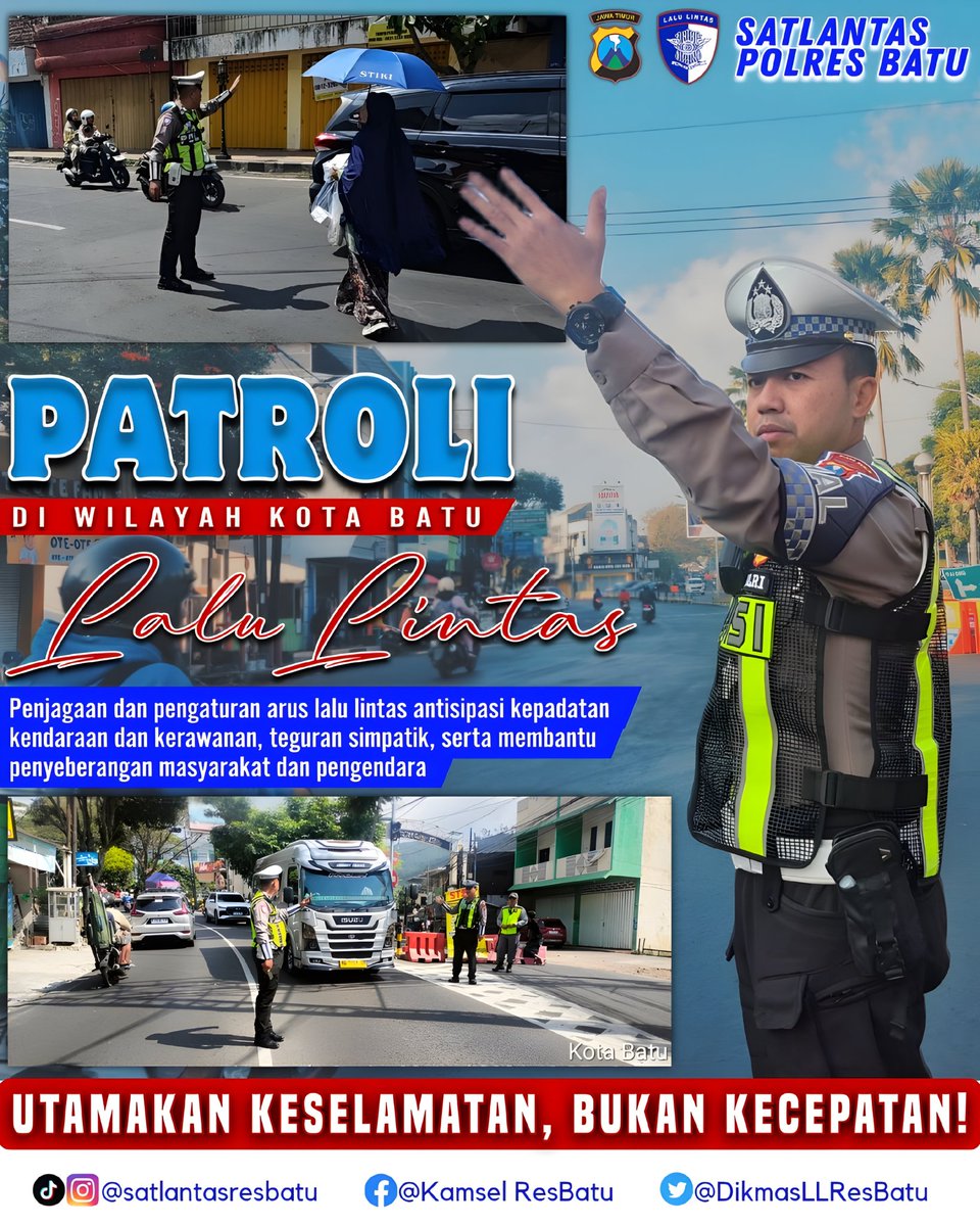 DikmasLLResBatu's tweet photo. PATROLI LALU LINTAS
📍Wilayah Kota Batu

Aman dan nyaman berkendara dengan mematuhi peraturan dan rambu-rambu lalu lintas!

Senin, 22 Juni 2026

#ayotertiberlalulintas 
#kecelakaanberawaldaripelanggaran 
#stoppelanggaran #stopkecelakaan 
#polantaspenolongjalanraya https://t.co/jRd9Y0MgyU