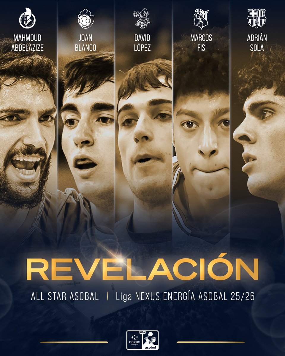 ASOBAL's tweet photo. 👑 ¡Estos son los candidatos a jugador revelación del #AllStarASOBAL de la Liga @NexusEnergia ASOBAL 25/26!

✅ Mahmoud Abdelazize | @atlvalladolid
✅ Joan Blanco | @bmguadalajara
✅ David López | @bmvillaaranda
✅ Marcos Fis | @BMGranollers
✅ Adrián Sola | @FCBhandbol

⏰ Votación popular abierta en el canal de whatsapp de @ASOBAL, disponible desde este momento y hasta el jueves 2⃣5⃣ de junio a las 10h

🔗 https://t.co/VGjfWJCYI2