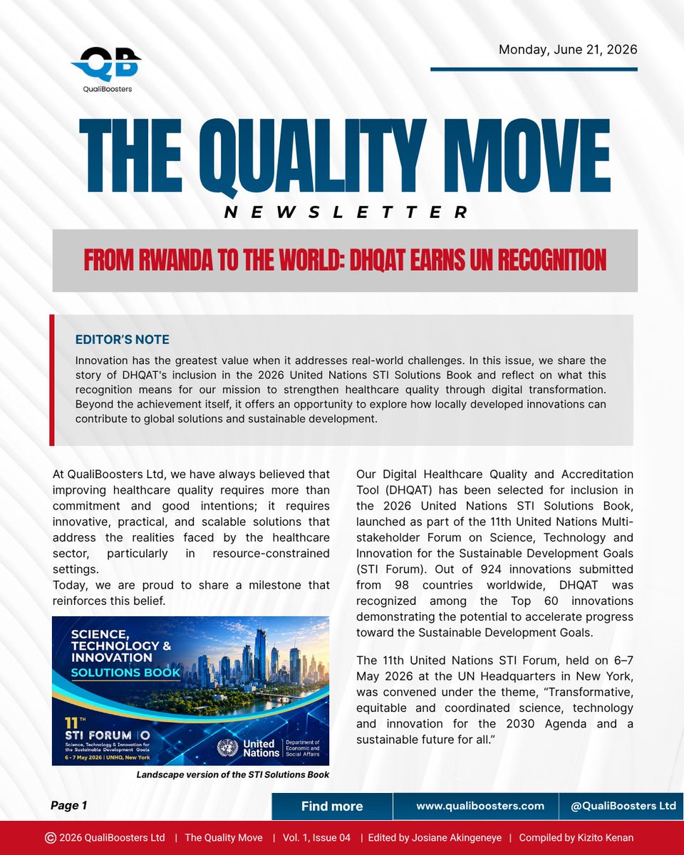 qualiboosters's tweet photo. Issue 04 of The Quality Move covers DHQAT's recognition on the global stage following its inclusion in the 2026 United Nations STI Solutions Book. https://t.co/hpzkcDgf5q
#TheQualityMove #QualiBoosters #DHQAT #HealthcareQuality #DigitalHealth #Innovation #STIForum #SDGs https://t.co/1JyymDhBg5