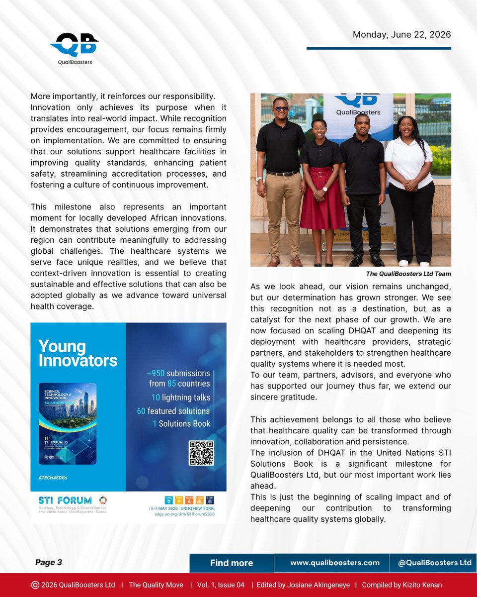 qualiboosters's tweet photo. Issue 04 of The Quality Move covers DHQAT's recognition on the global stage following its inclusion in the 2026 United Nations STI Solutions Book. https://t.co/hpzkcDgf5q
#TheQualityMove #QualiBoosters #DHQAT #HealthcareQuality #DigitalHealth #Innovation #STIForum #SDGs https://t.co/1JyymDhBg5