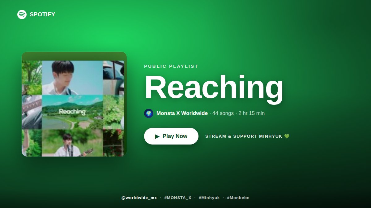 worldwide_mx's tweet photo. [#wwmx_spotify]

Spotify "Reaching" focused 2h+ playlist is up for grabs, Monbebe! Happy streaming~

🌱 https://t.co/7RwNGqPbFF

#MINHYUK #민혁 https://t.co/7H6nhj6Ijn