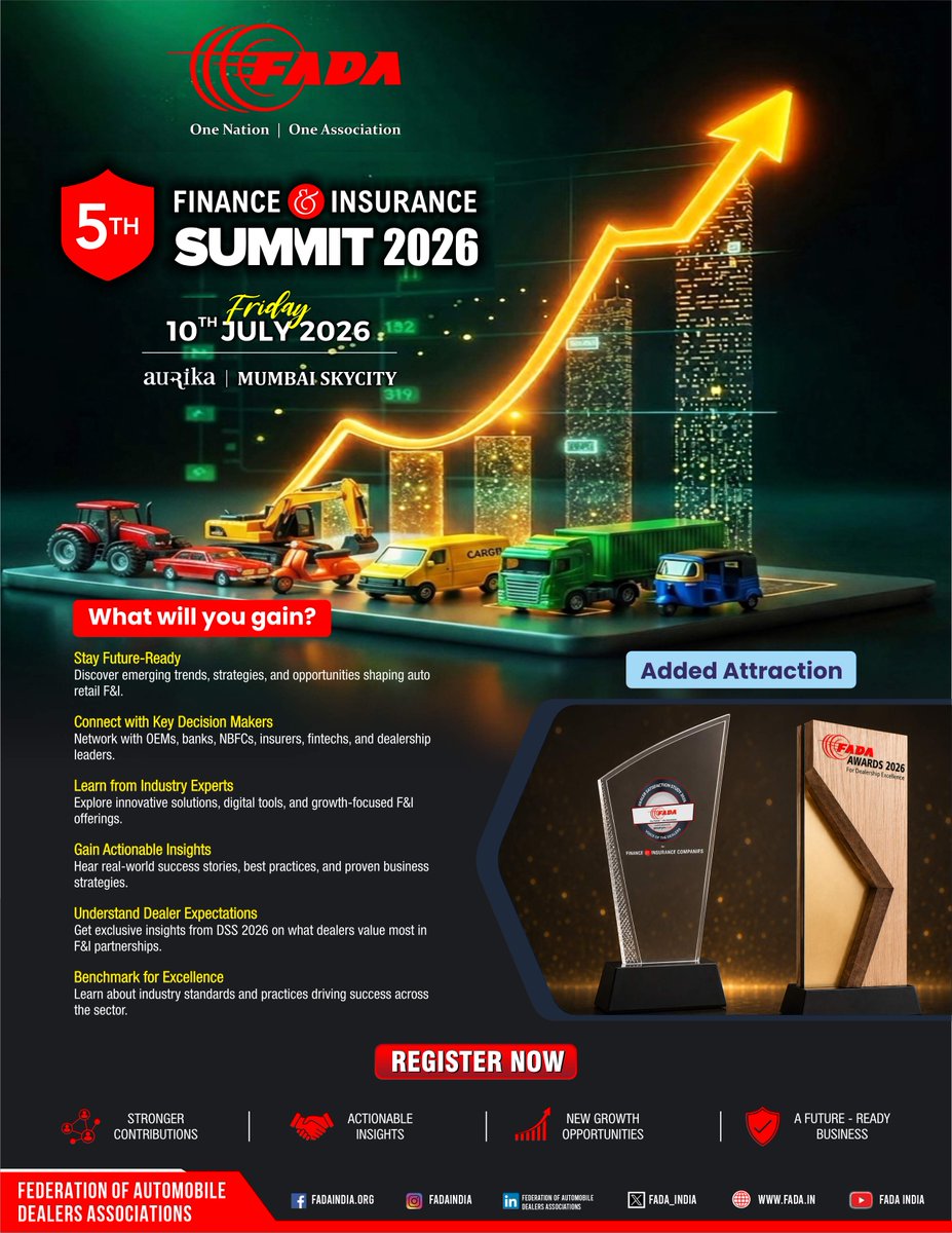 FADA_India's tweet photo. Growth starts with collaboration.

Join the 5th FADA Finance &amp; Insurance Summit 2026 and connect with industry leaders shaping the future of automotive finance &amp; insurance.

Plus witness FADA Awards 2026

📅10 July 2026 |📍Aurika, Mumbai Skycity

Register: https://t.co/xiGiCIMfbJ https://t.co/tba3T5GIqG