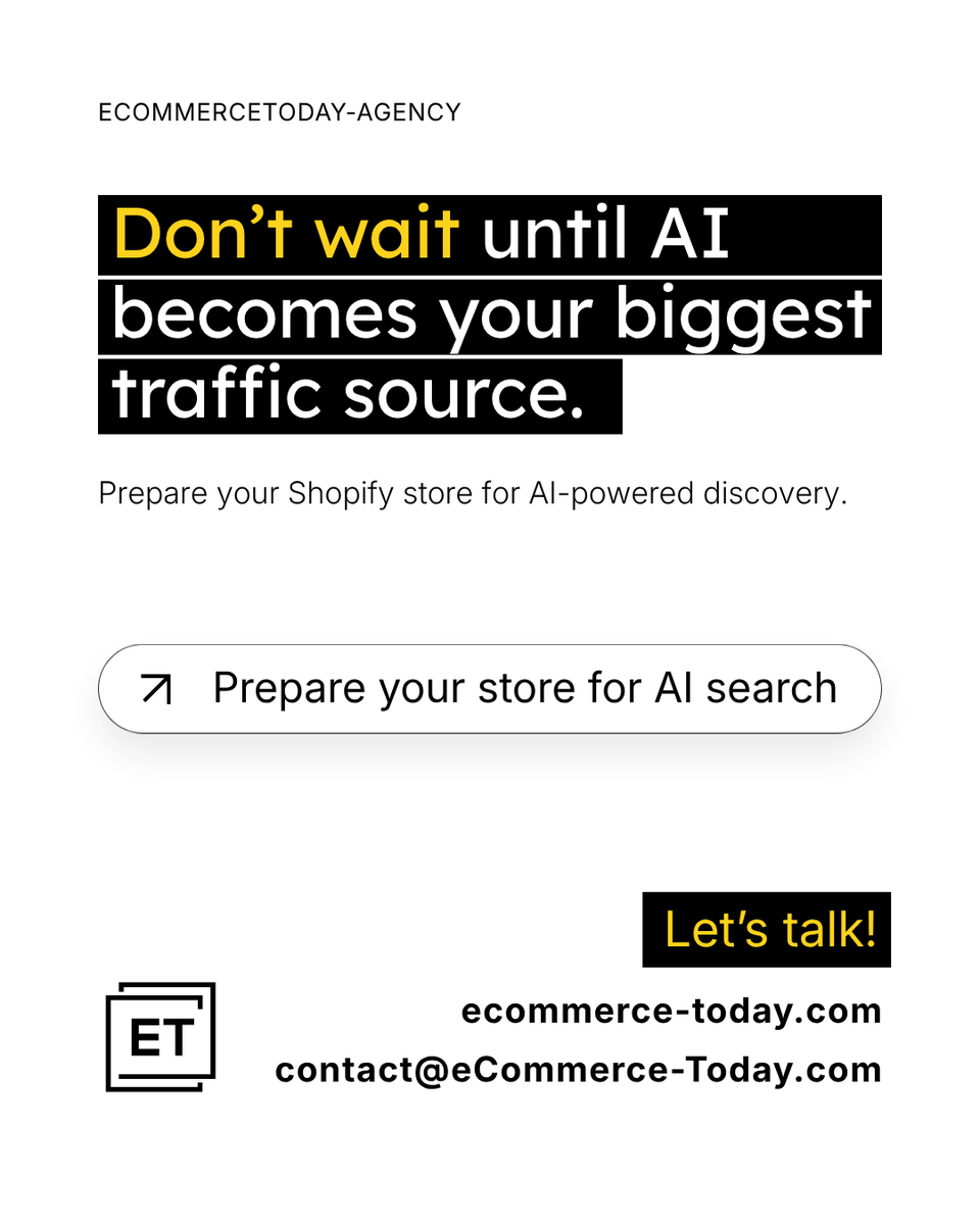 eComTodayAgency's tweet photo. People aren't just typing keywords anymore, they're asking ChatGPT what to buy. Is your Shopify store getting recommended? We built an "Ads Safe" way to get you visible to AI without breaking your Google Ads. See how it works here: https://t.co/E0bgae8BQs https://t.co/8HgBYdwJTW