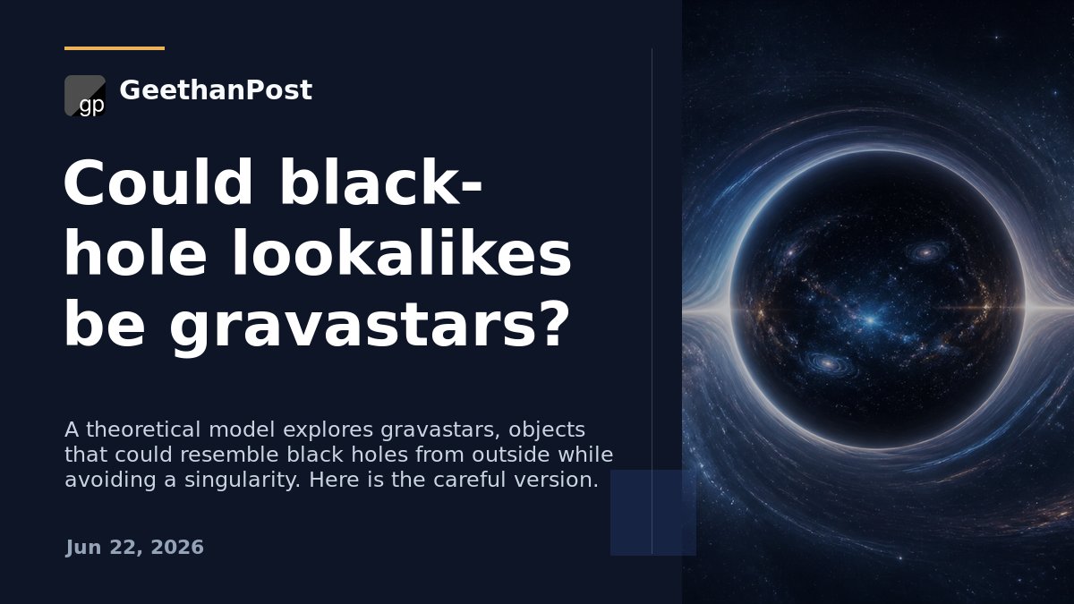 GeethanPost's tweet photo. Black holes are not going away. But a theoretical gravastar model explores how a black-hole lookalike could avoid a singularity under very specific conditions. Here is the careful version. https://t.co/H9aVYzm7dX https://t.co/YMhlAfDKl7