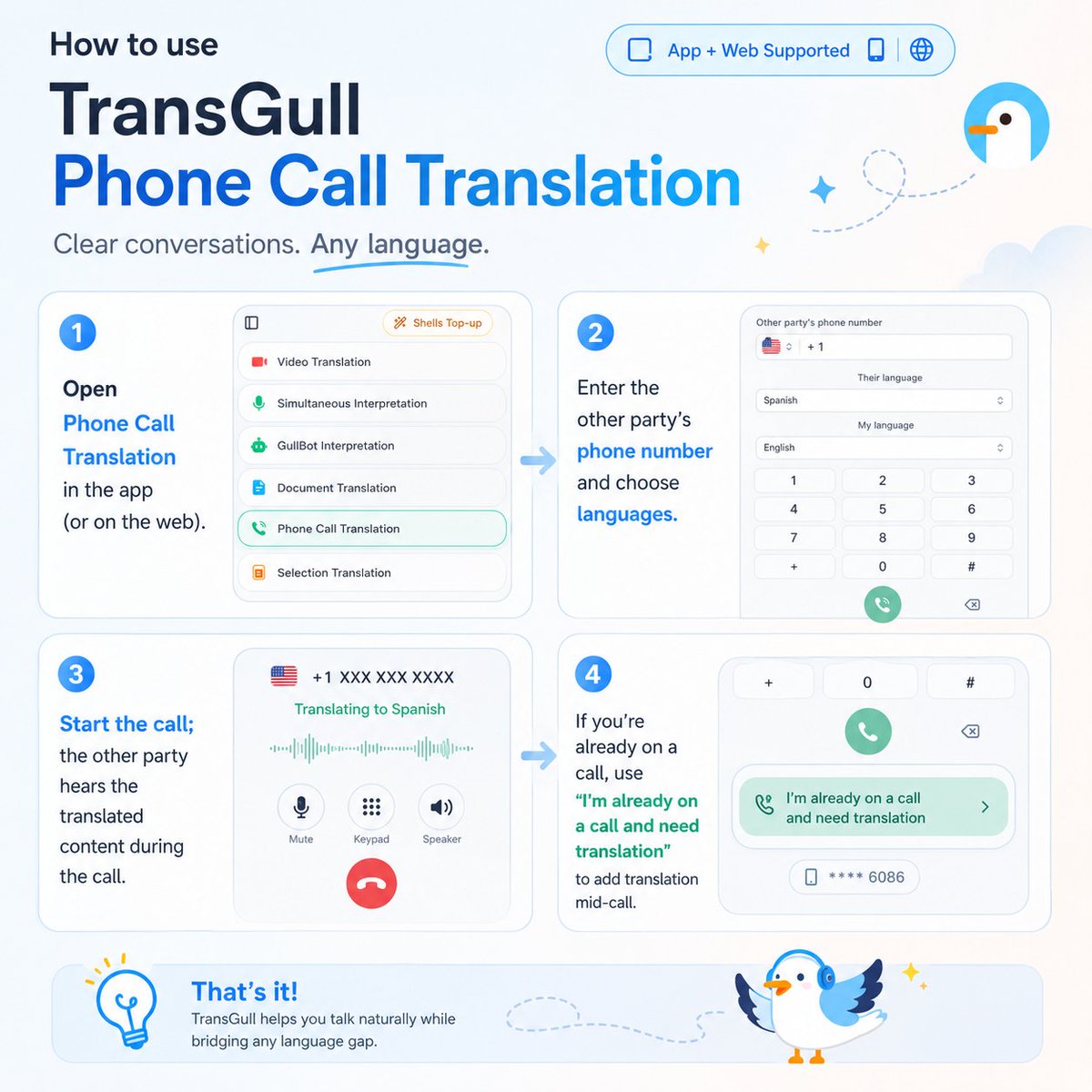 TransGullApp's tweet photo. New on TransGull: Phone Call Translation ☎️ 

Call through the app from your PC or web and get two-way translation in real time.  
Great for hotels, restaurants, customer support, travel, and overseas calls. https://t.co/3mIYKCx2KC