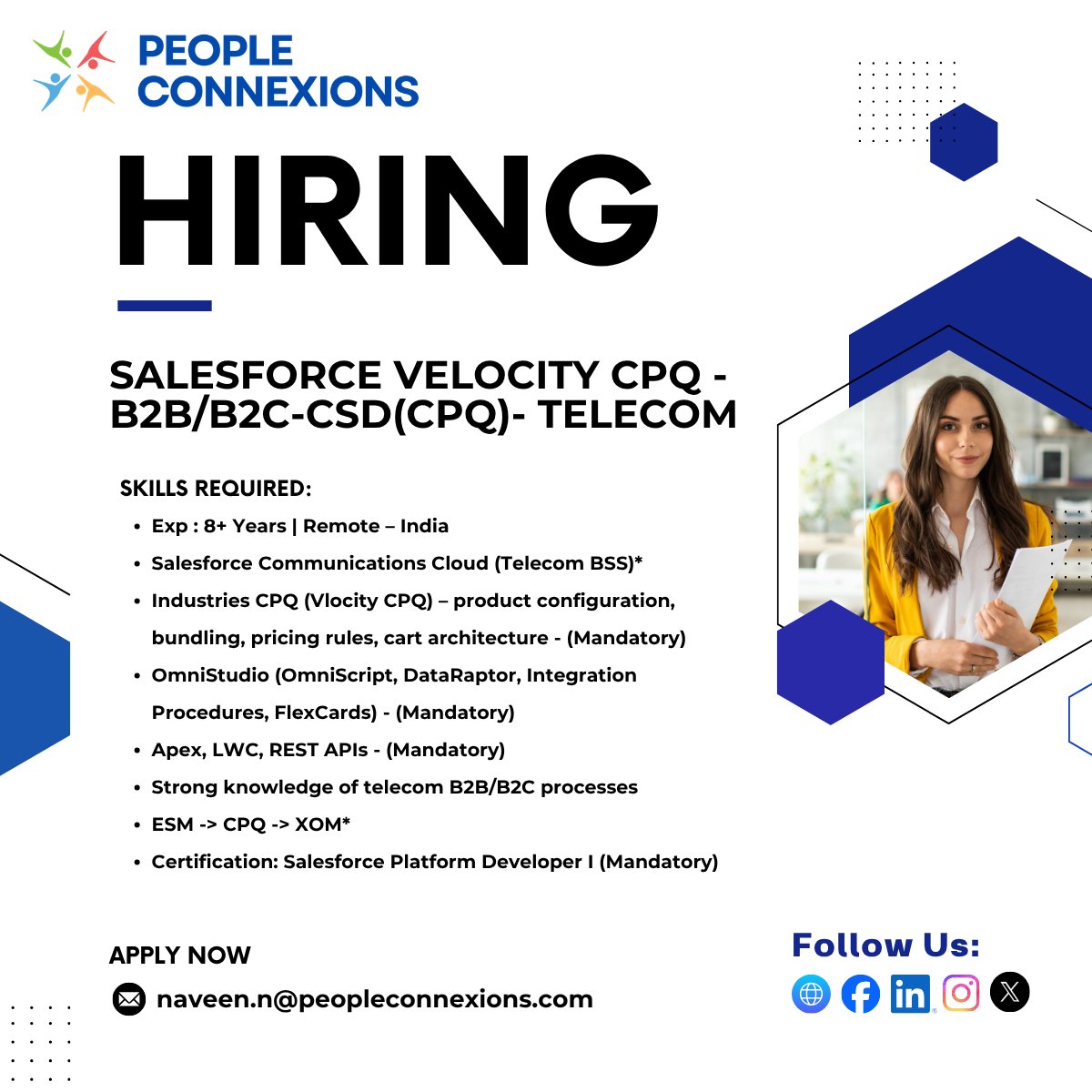 P_Connexions's tweet photo. People Connexions is #Hiring Salesforce Vlocity CPQ Consultant – Telecom B2B/B2C‑CSD(8-10 Years) - #Remote in #India |   Share resumes at hr@peopleconnexions.com  
https://t.co/E7GmCFD3Sj
#Vlocity #CPQ #CONSULTANT #PEOPLECONNEXIONS #B2B #B2C #CSD #SALESFORCE #Remote https://t.co/t2fotUU9cG