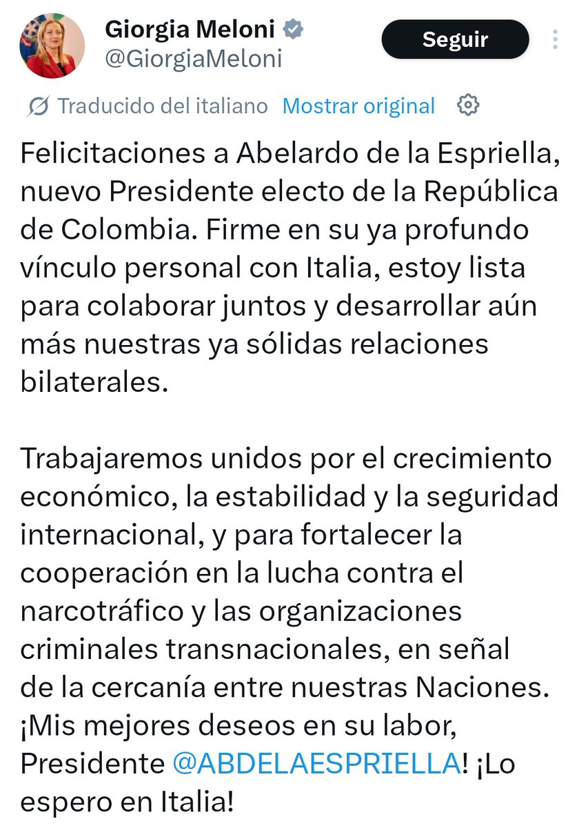 UltimaHoraCR's tweet photo. La primera ministra italiana, Giorgia Meloni, reconoció y felicitó al presidente electo Abelardo de la Espriella y aseguró que es una oportunidad para seguir fortaleciendo las relaciones entre ambos países con el fin de lograr un crecimiento económico y la lucha contra el narcotráfico.

“¡Mis mejores deseos en su labor, Presidente  (@ABDELAESPRIELLA) ! ¡Lo espero en Italia!”
