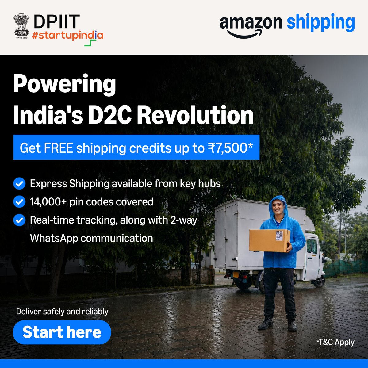 startupindia's tweet photo. 🚀 Empowering India's D2C Startups with World-Class Logistics

Amazon Shipping, suported by Startup India, DPIIT brings enterprise-grade delivery infrastructure to India's startup ecosystem.

For D2C brands, every delivery is a brand moment. A failed delivery isn't just a lost order—it's a lost customer. That's why reliable logistics is no longer optional; it's essential for growth.

What this partnership brings to Startup India founders:
✅ Proven reliability – 97% delivery success rate, even during peak seasons
✅ Speed & scale – Same day and next day deliveries from key hubs
✅ Smart technology – Real-time tracking, 2-way WhatsApp communication

Exclusive offer for Startup India community: Get FREE shipping credits worth INR 7500*

This partnership is about more than logistics—it's about enabling Indian startups to deliver exceptional customer experiences at scale.

Ready to transform your delivery operations? 👉 Start your journey: https://t.co/xS7KCrlHoL

Transportation, Shipping, & Logistics at Amazon

#StartupIndia #AmazonShipping #D2C #IndianStartups #Ecommerce #Logistics #StartupEcosystem #MadeInIndia #ScaleUp #Innovation