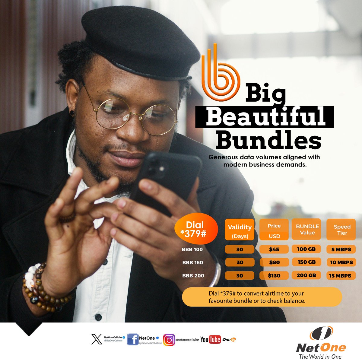 NetOneCellular's tweet photo. Big Beautiful Bundles (BBB) are high-speed data packages designed for heavy users, SMEs, and professionals. These non-geolocked bundles offer up to 200GB, allowing for seamless streaming and large, fast downloads via prepaid SIMs.