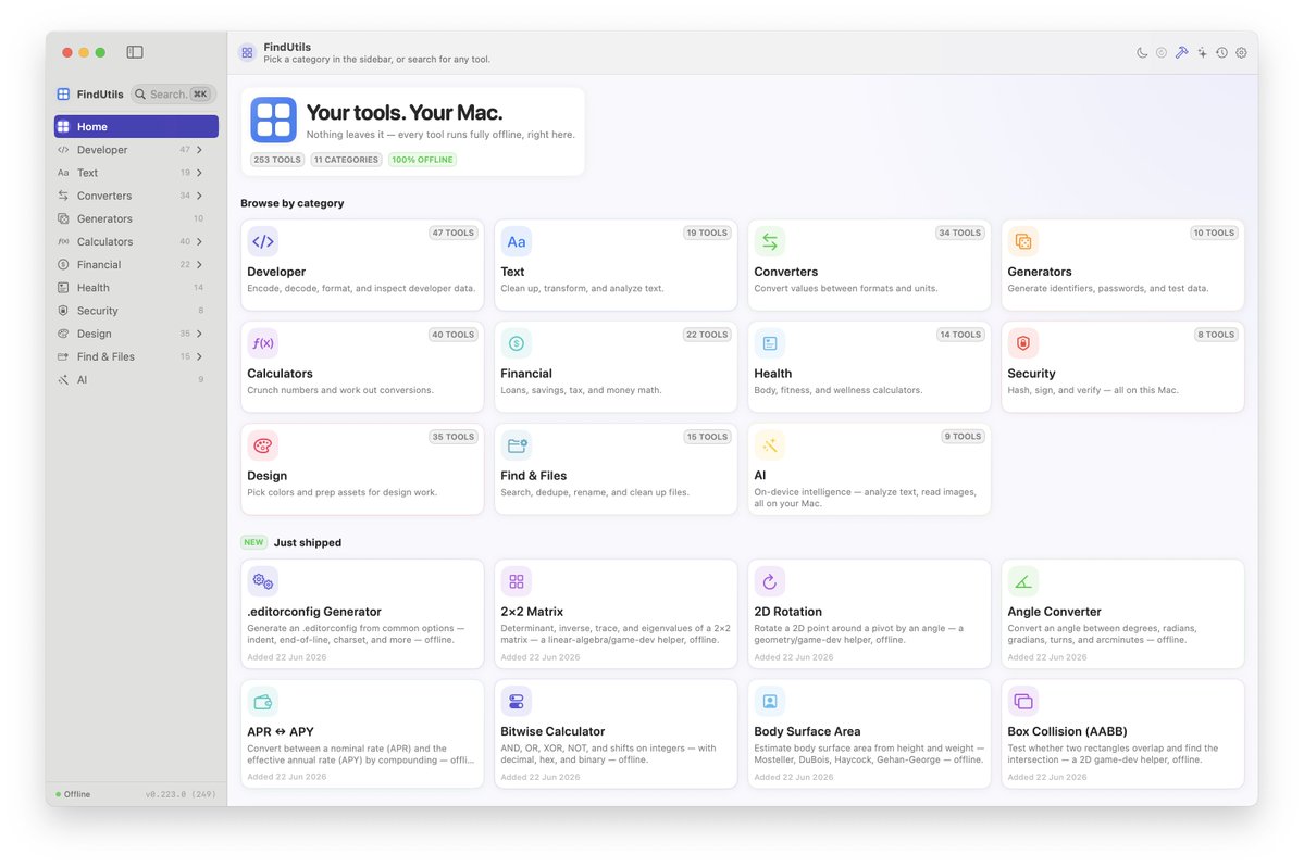 codewitholgun's tweet photo. Added more than 250+ tools to the https://t.co/4eqqeOBvMJ Mac application and still ongoing to development. #tools #developer #offline #utility https://t.co/vnL87HZLsb