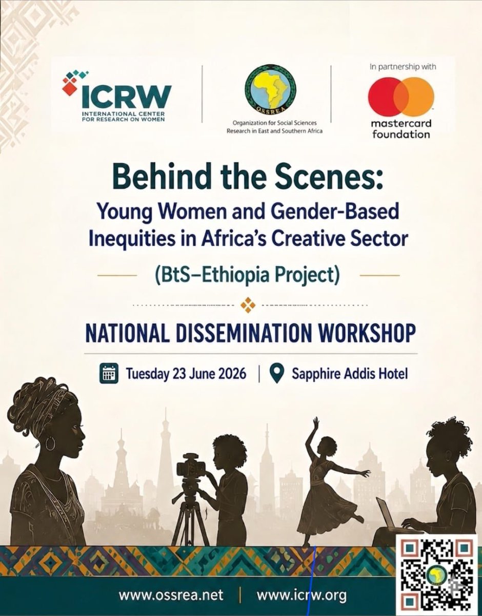 ICRWAfrica's tweet photo. 🎭 Behind every masterpiece is a story waiting to be told. 🎭

Join us for the National Dissemination Workshop on Behind the Scenes: Young Women and Gender-Based Inequities in Africa’s Creative Sector (BtS–Ethiopia Project).

Together, we’ll uncover the realities shaping the experiences of young women creatives, amplify their voices, and explore pathways toward a more inclusive and equitable creative industry.

📅 Tuesday, 23 June 2026
📍 Sapphire Addis Hotel
💻 Join virtually: https://t.co/wmBIt34686

 From the stage to the studio, from the camera lens to the creative desk let’s spark conversations that drive change.

Your voice matters. Your presence matters. Be part of the movement.

#BehindTheScenes #WomenInCreatives #CreativeSector