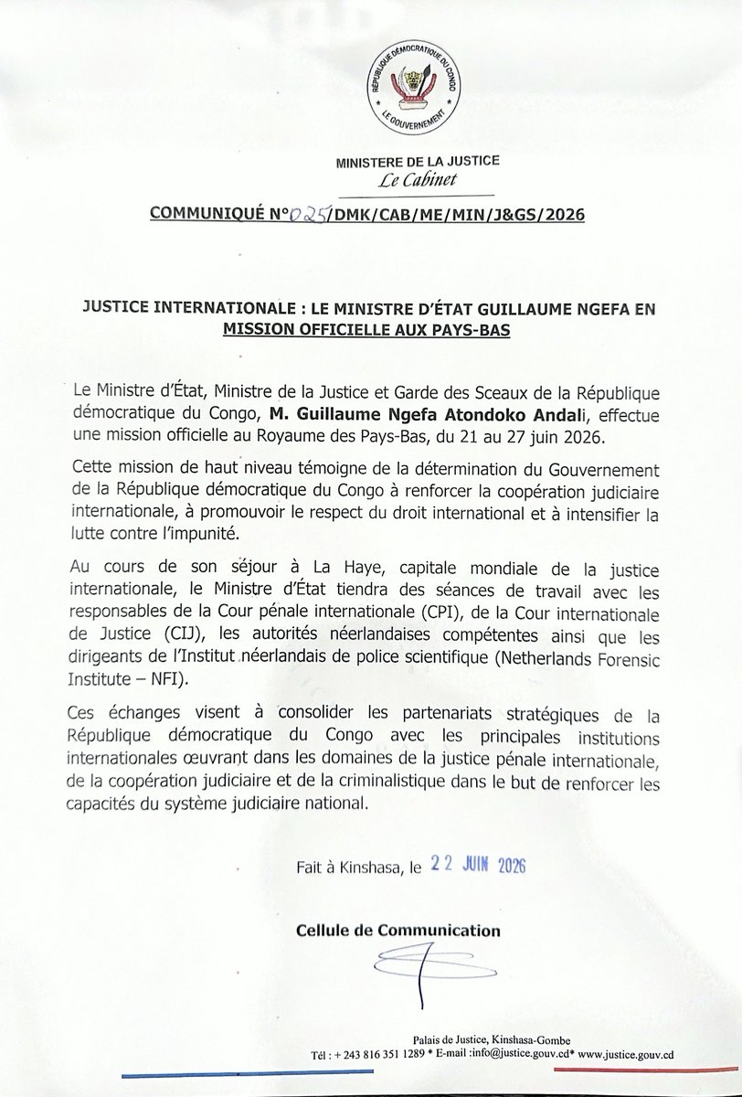 JusticeGouvCD's tweet photo. COMMUNIQUE DU MINISTERE DE LA JUSTICE 🇨🇩: https://t.co/VUiV0XeC8V
