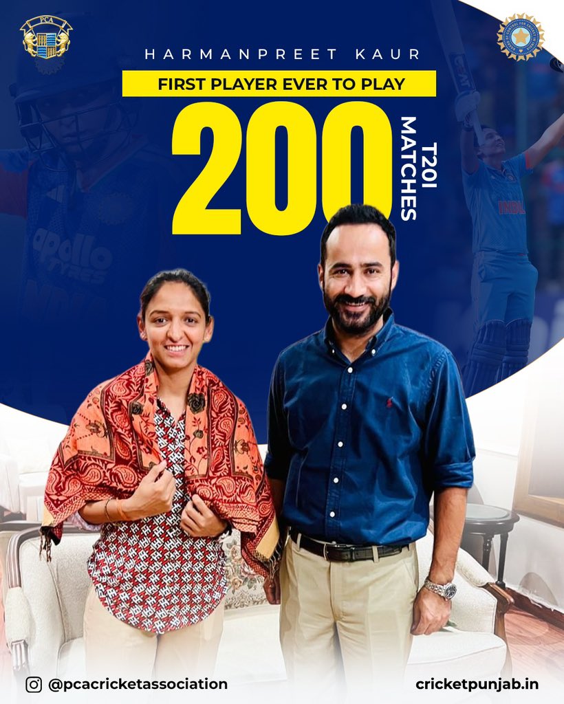 pcacricket's tweet photo. Heartiest congratulations to @ImHarmanpreet on becoming the first player in the history of Women’s T20 Internationals to play 200 T20I matches.

This remarkable milestone is a testament to your dedication, consistency and outstanding contribution to Indian cricket. Punjab is immensely proud of your achievements and wishes you many more memorable moments in the India jersey.

@Meet_Hayer 
Honorary Secretary
Punjab Cricket Association

#HarmanpreetKaur #200T20Is #TeamIndia #WomenInBlue #PCA