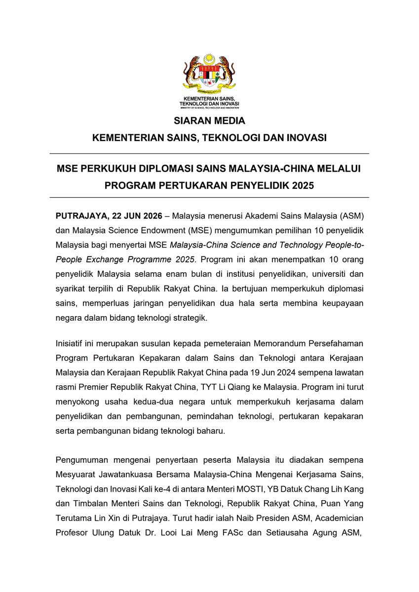 akademisains's tweet photo. Tahniah kepada 10 penyelidik Malaysia yang terpilih menyertai MSE Malaysia-China Science and Technology People-to-People Exchange Programme 2025. Program ini turut melibatkan 10 penyelidik dari China yang akan hadir ke Malaysia bagi tujuan pertukaran ilmu dalam bidang sains, teknologi dan inovasi.