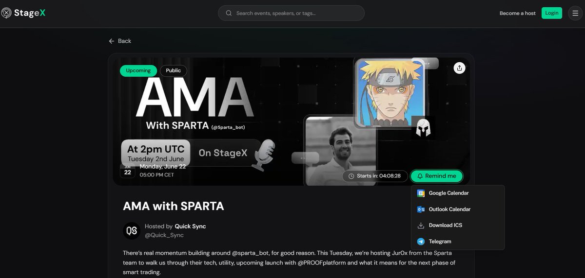 Quick_Sync's tweet photo. Today 2pm UTC we will be going live with @Sparta_Bot on StageX. 

This is your chance to bring in your questions, do your research live and meet the team 1 day before their launch, incubated by @PROOFplatform 

🔗https://t.co/tkic9W6XLe https://t.co/Xs6yunda1D
