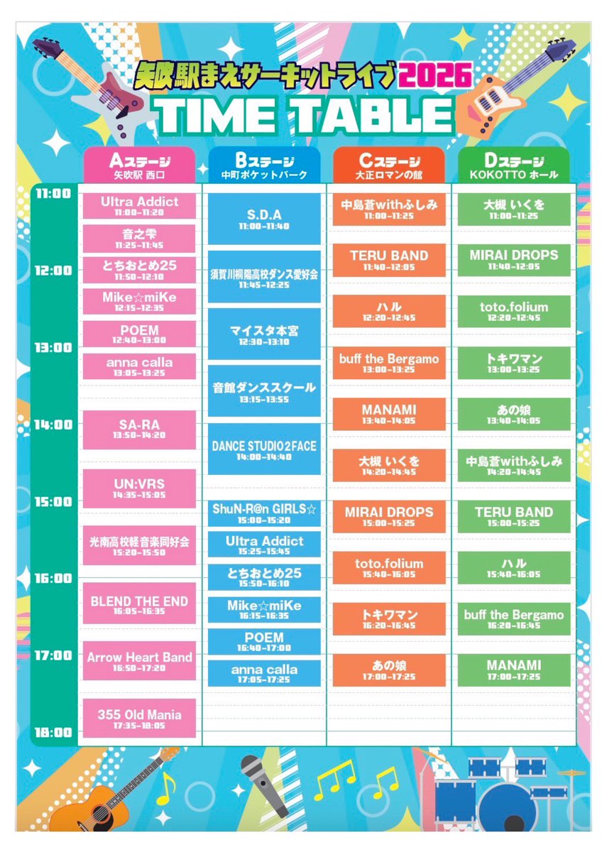 Shunran_group's tweet photo. 矢吹駅まえサーキットライブ
2026.7.25（土）
11:00開演
矢吹駅西口
中町ポケットパーク
大正ロマンの館
KOKOTTOホール
矢吹駅前4会場‼️
全28組の出演者！
14組の飲食ブース！
会場周辺の駐車場🅿️はこちらへ
関係者駐車場は【許可証】配布した車両のみ
できる限り公共交通機関のご利用ご協力願います。 https://t.co/boXoyaDvmS