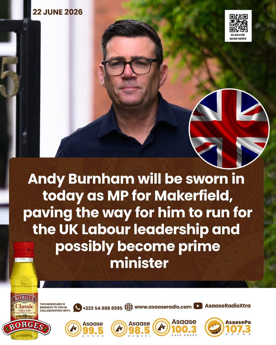 asaaseradio995's tweet photo. Andy Burnham will be sworn in today as MP for Makerfield, paving the way for him to run for the UK Labour leadership and possibly become prime minister.

#AsaaseNews #AsaaseRadio #AsaaseNews | #AsaaseDigital https://t.co/7hOfQZyfPN