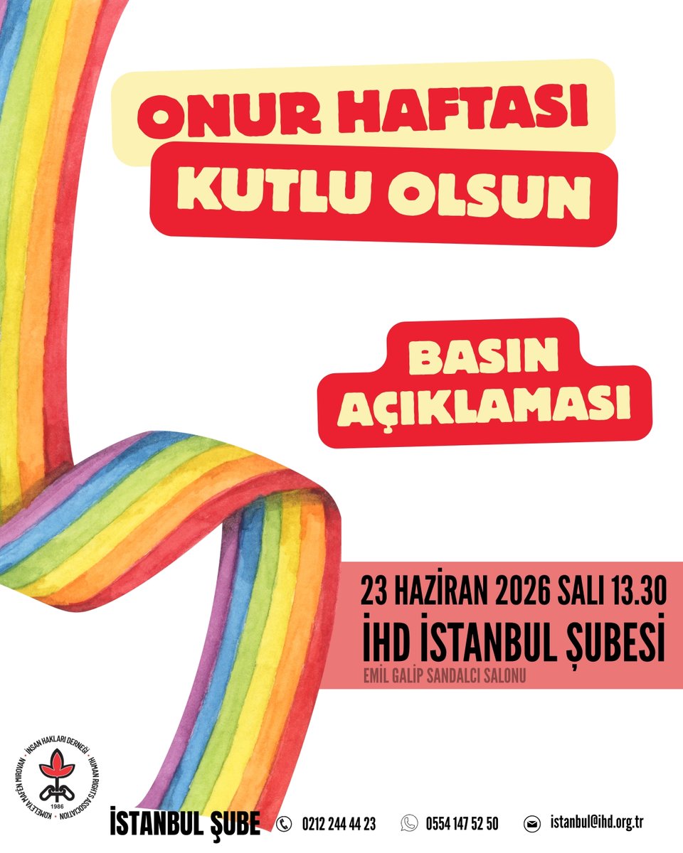 ihdistanbul's tweet photo. ONUR HAFTASI KUTLU OLSUN..

23 Haziran Salı günü 13.30'da şube salonumuzda yapacağımız açıklamaya katılımınızı bekliyoruz.

#OnurHaftası
#Pride
#PrideMonth26
