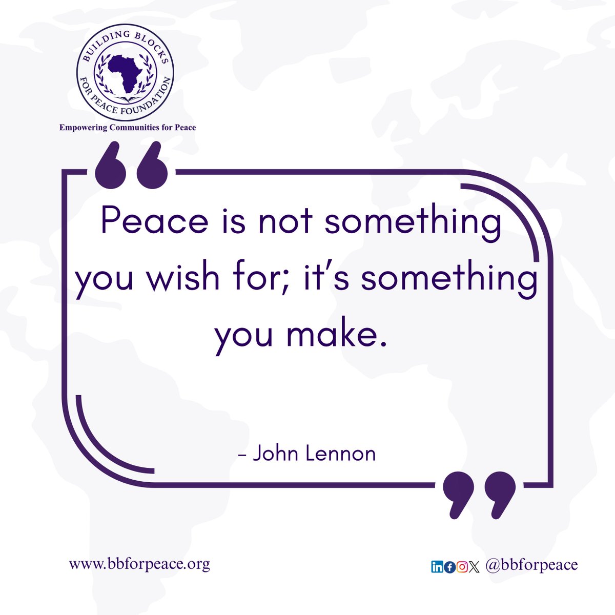 bbforpeace's tweet photo. “Peace is not something you wish for; it’s something you make.” - John Lennon 

Welcome to a fresh start!

As you go about the new week, @bbforpeace encourages you to make #peace with all wherever you go.

Peace isn’t just a dream—it’s a decision. It’s not something you sit back and hope for; it’s something you create with your actions, your words, and your daily choices.

Every smile, every act of kindness, every moment of understanding builds the world we all want to live in. Start today. 

Wishing you a #peaceful and prosperous week ahead.

#Yes2Peace #PeopleBuildingPeace #MondayMotivation