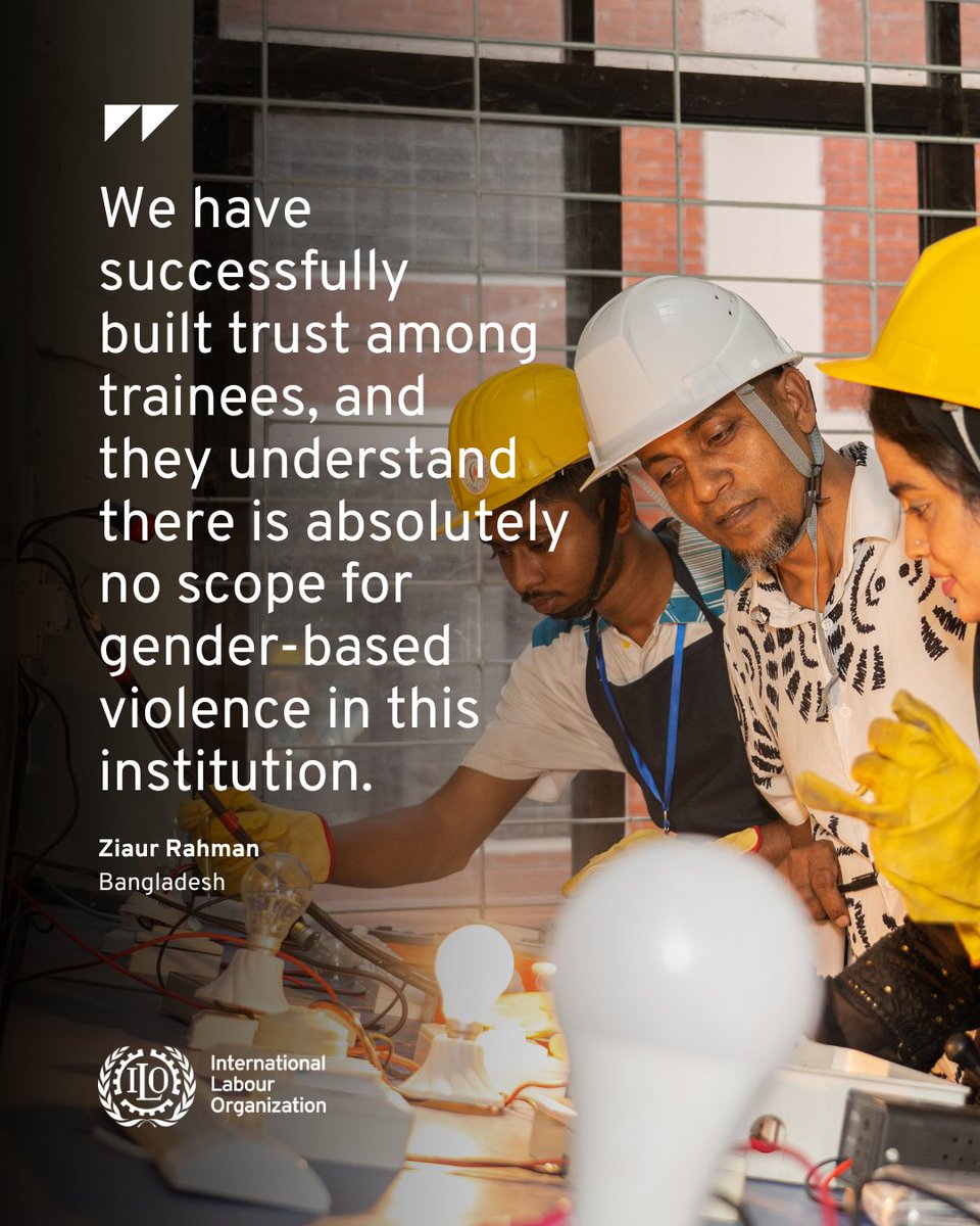 ilo's tweet photo. In Bangladesh, Principal Md. Ziaur Rahman is helping create a safer, more inclusive training environment where women and men learn side by side in trades like electrical installation.

When everyone can learn, everyone can thrive.

Read more: https://t.co/c4aOtCkFRF #RatifyC190 https://t.co/ojiJpKGvvy