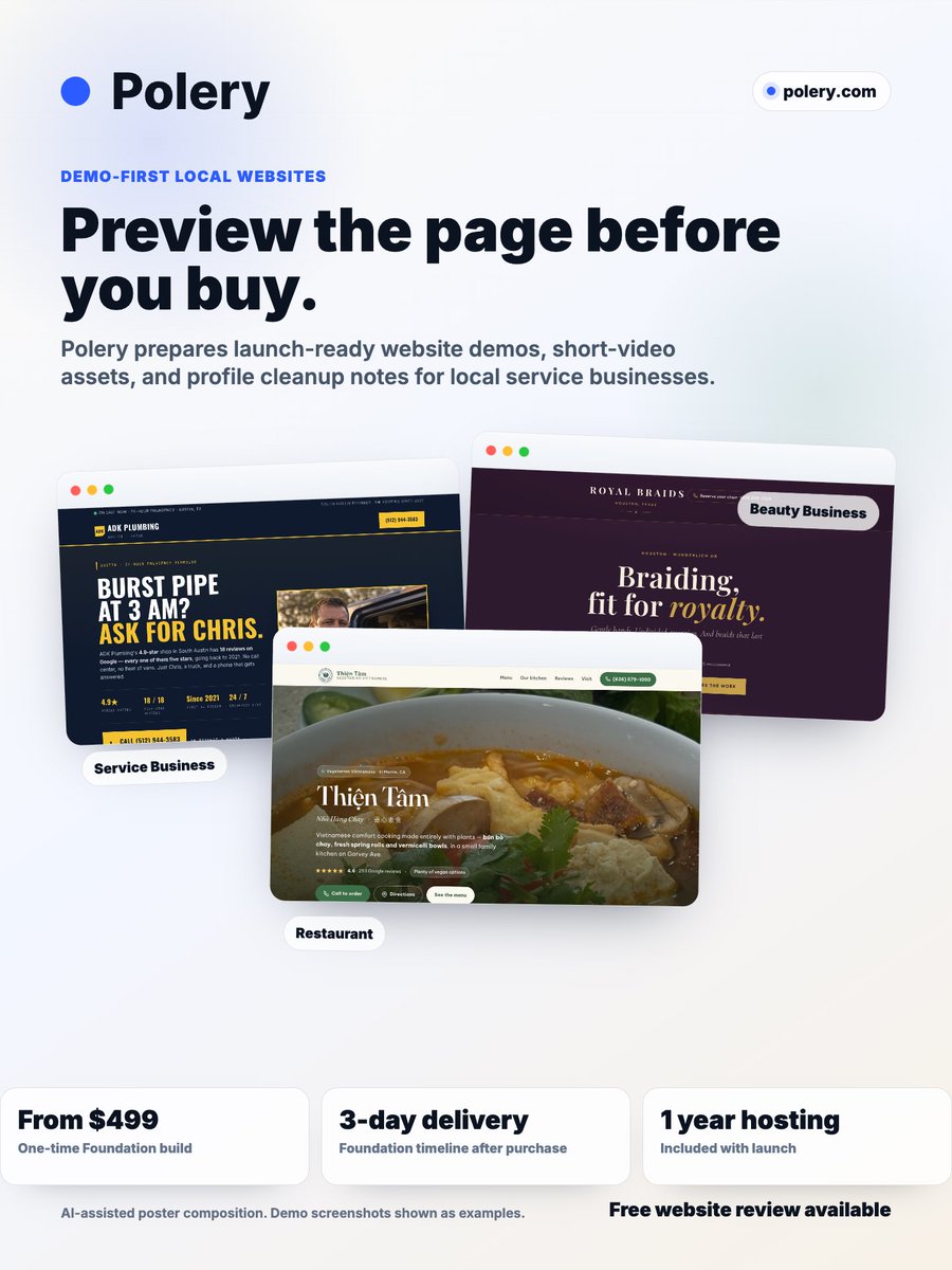 QingBuilds0's tweet photo. I build the website before you pay.

Not a mockup — your real page. Your photos, your Google
reviews, your booking button. You see it first, then decide
if it's worth $499.

Nail studios, restaurants, roofers, barbers, and more.

Want yours? Reply with your business + city 👇 https://t.co/ntgDz4ouus