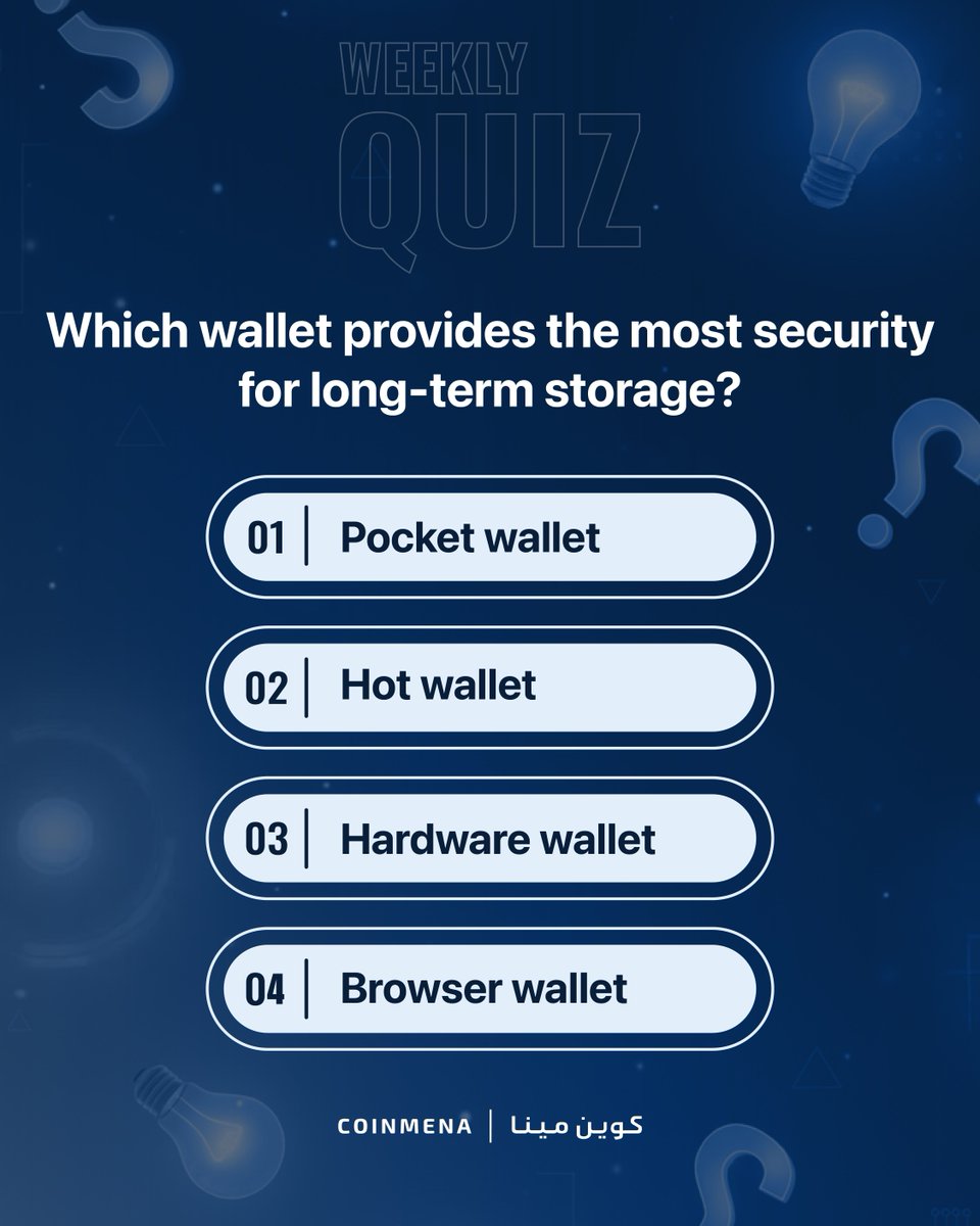 CoinMENA's tweet photo. 🧠 Weekly Quiz Time!
Crypto security starts with understanding how you store your funds. Different wallets serve different purposes, but do you know which option offers the highest security for long-term storage? Take a look at the options and drop your answer in the comments below! 👇