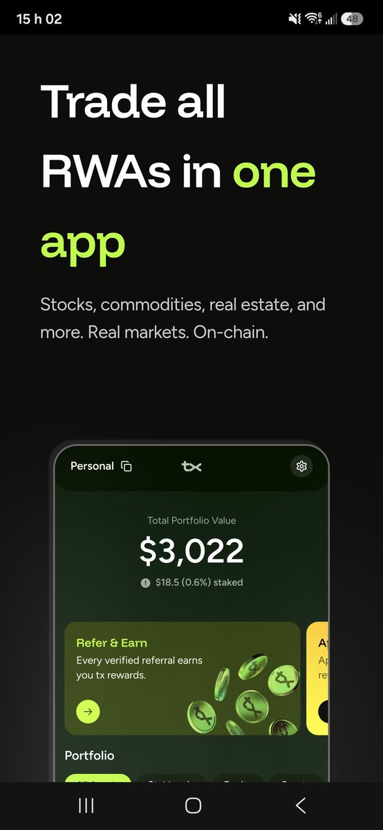 LouisQFS_ISO's tweet photo. The TX Ecosystem is tokenizing everything. real-world assets on-chain: 5,000+ US stocks and ETFs (Apple, Tesla, space X.)
Real estate, luxury goods, IP, horses, bonds, commodities and more , 24/7, with dividends & voting rights 1:1 backed & fully compliant.
TX Super App — your all-in-one wallet for crypto and tokenized RWAs.
 TheTX Market for seamless issuance & trading.
And SoloTex a US-regulated (FINRA), hold real stocks with stablecoins in your wallet.Simple. Powerful. Built in America. The future of finance just got beautiful.
$TX @txEcosystem
@SoloTex_com
#Tokenization #RWA #RealWorldAssets #SoloTex