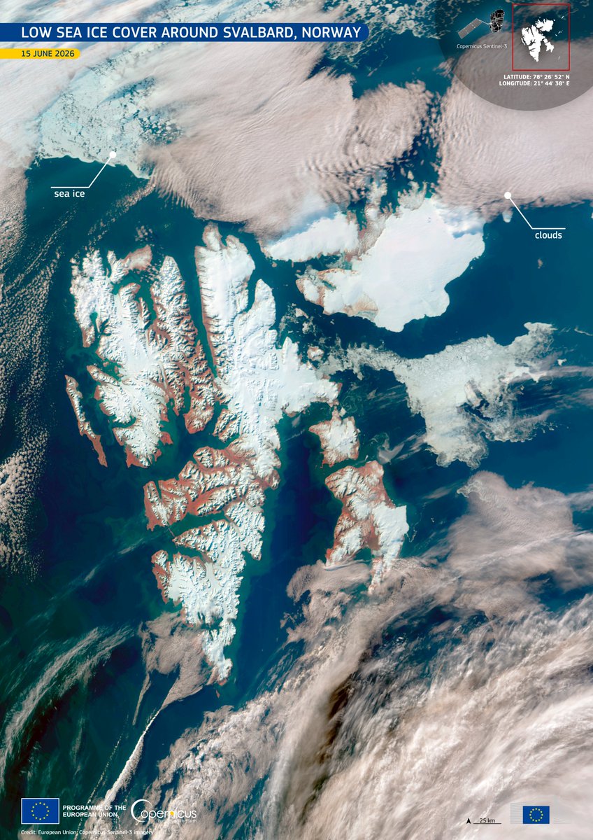 CopernicusEU's tweet photo. 🌊 Sea ice around Svalbard 🇳🇴 is key for Arctic climate, ecosystems &amp; ocean–atmosphere exchange.

🛰️ #CopernicusEU Climate Change Service data show May 2026 Arctic sea ice extent was the 4th lowest on record, particularly near Svalbard.

🔗 https://t.co/juhaA11vKS

#ImageOfTheDay https://t.co/ivSRkgj7tM