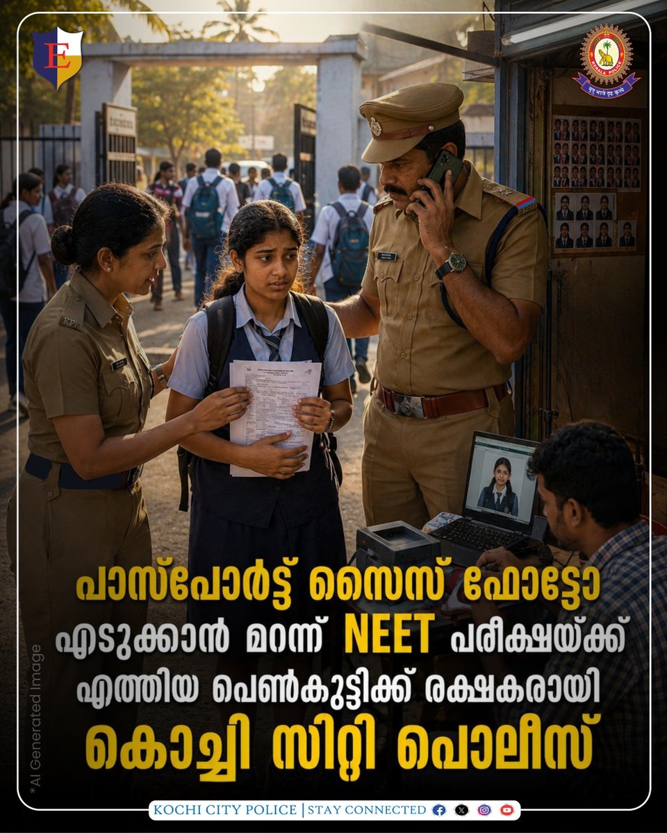 kochicitypolice's tweet photo. പാസ്പോർട്ട് സൈസ് ഫോട്ടോ എടുക്കൂവാൻ മറന്ന് NEET എക്സാം എഴുതുവാൻ എത്തിയ പെൺകുട്ടിക്ക് രക്ഷകരായി കൊച്ചി സിറ്റി പോലീസ് https://t.co/7cJUQATEs3