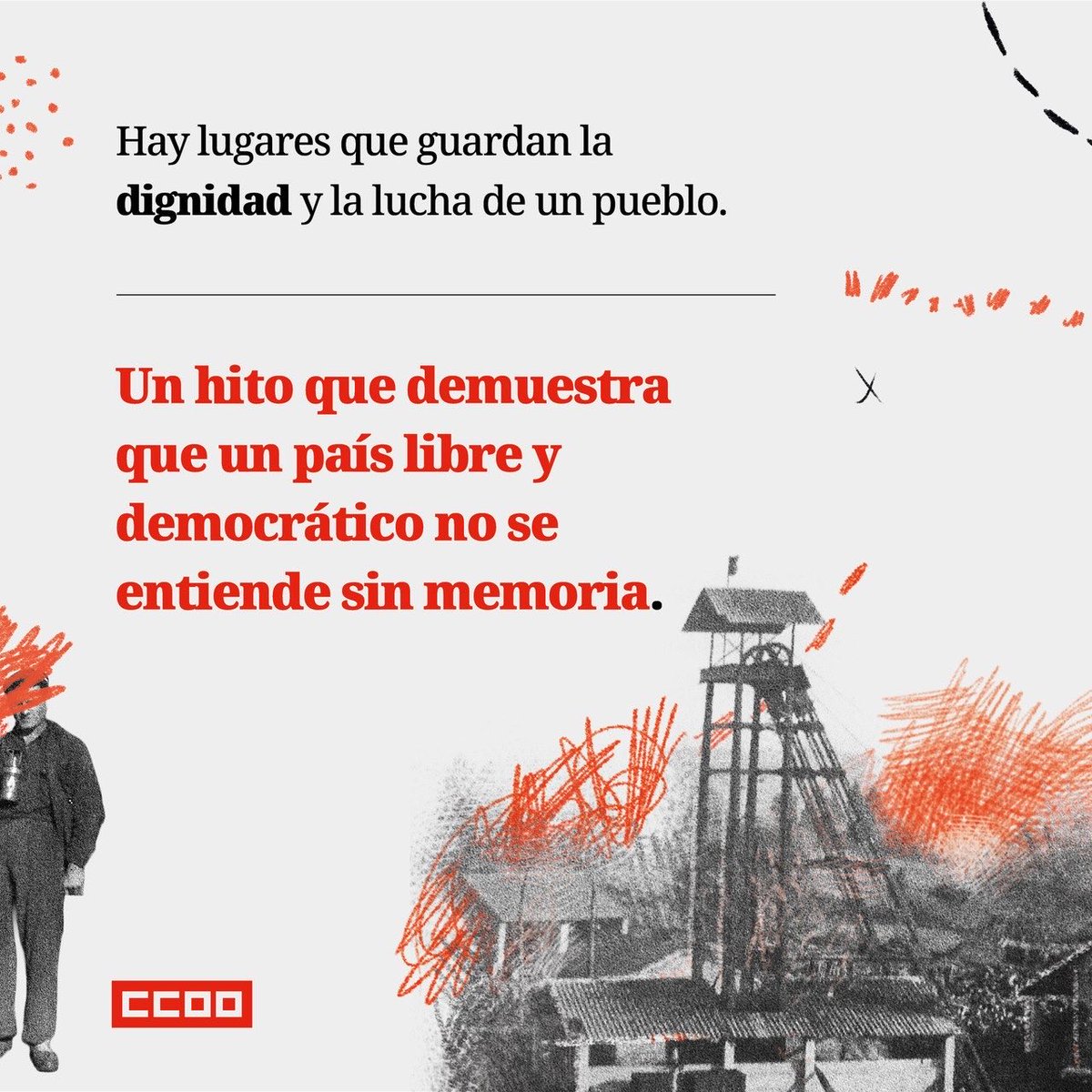 CCOO's tweet photo. ✊La Mina de La Camocha ya es oficialmente Lugar de Memoria Democrática.

En la dictadura, los mineros se organizaron en la clandestinidad para defender sus derechos y de ahí nacieron las Comisiones Obreras.

Este reconocimiento llega para no olvidar nunca que los derechos y libertades que hoy tenemos se ganaron gracias a la valentía de miles de personas trabajadoras.

🤍 Porque un país democrático no se entiende sin memoria.