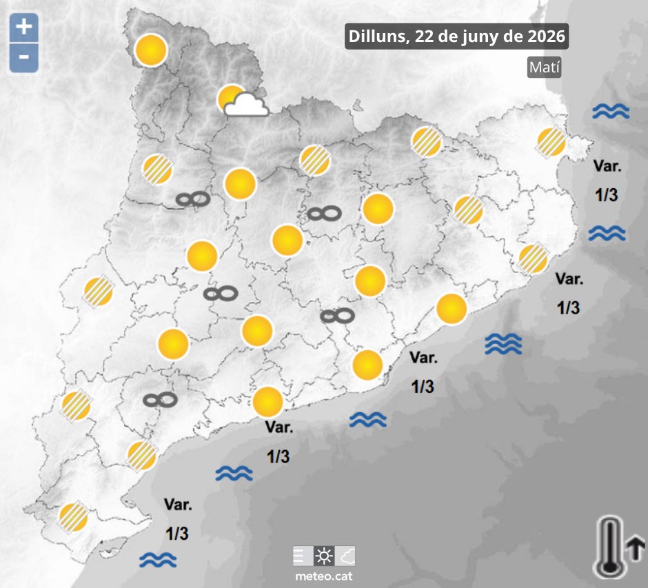 meteocat's tweet photo. Calor de dia i de nit: aquesta és la previsió per avui dilluns. La temperatura màxima superarà els 40 o 41 ºC a la depressió Central i al Prepirineu occidental.
El cel estarà serà o poc ennuvolat. Però creixeran nuvolades al Pirineu i Prepirineu que descarregaran alguns ruixats. https://t.co/kfuaSIgdPE