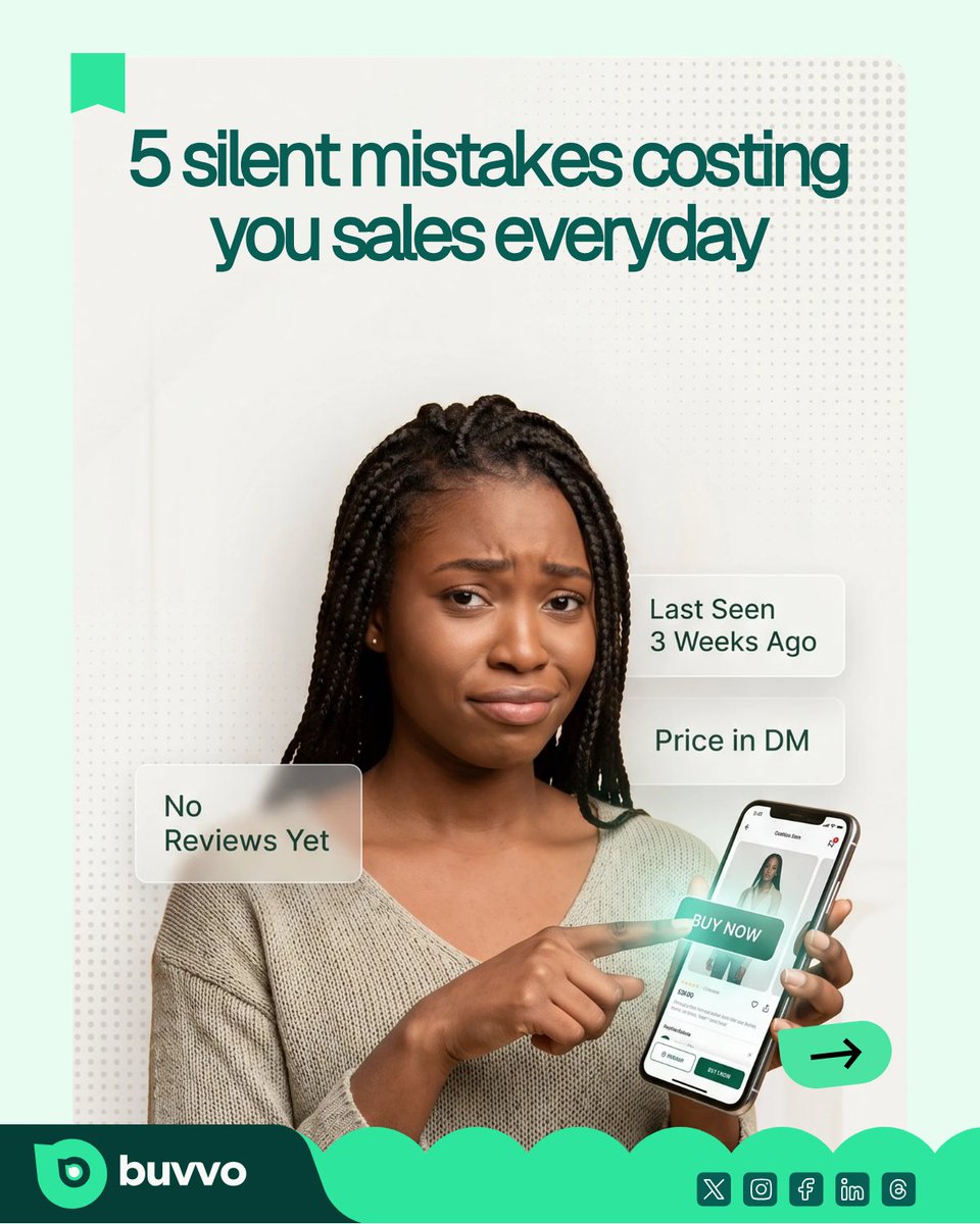 Buvvoapp's tweet photo. Sometimes the problem isn’t your product 👀

It’s:
❌ Slow replies
❌ No prices
❌ Inactive pages
❌ No reviews
❌ Silence after payment

Small trust issues = lost sales.

Buvvo is here to help you solve those problems.

#Buvvo #VendorLife #SmallBusiness https://t.co/Em8GXEaFV2