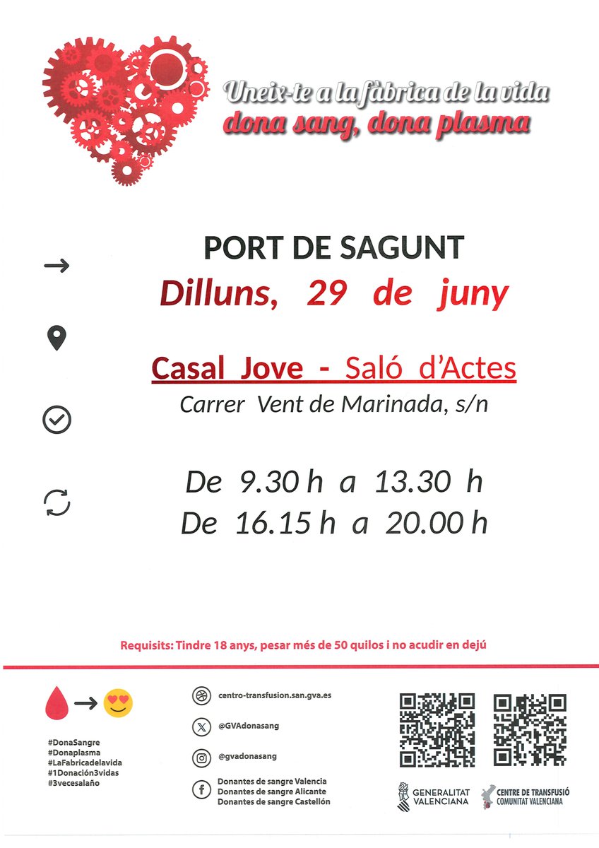 GVAsagunt's tweet photo. Casal Jove de Puerto de Sagunto
🗓️Lunes 29 de junio
📷de 9:30 a 13:30 y de 16:15 a 20:00 
No esperes a una situación de emergencia.  Las donaciones de sangre son imprescindibles todos los días para que continúe la actividad hospitalaria.
Únete a #LaFábricadelaVida 
#DonaSang https://t.co/osmXj1PyYT