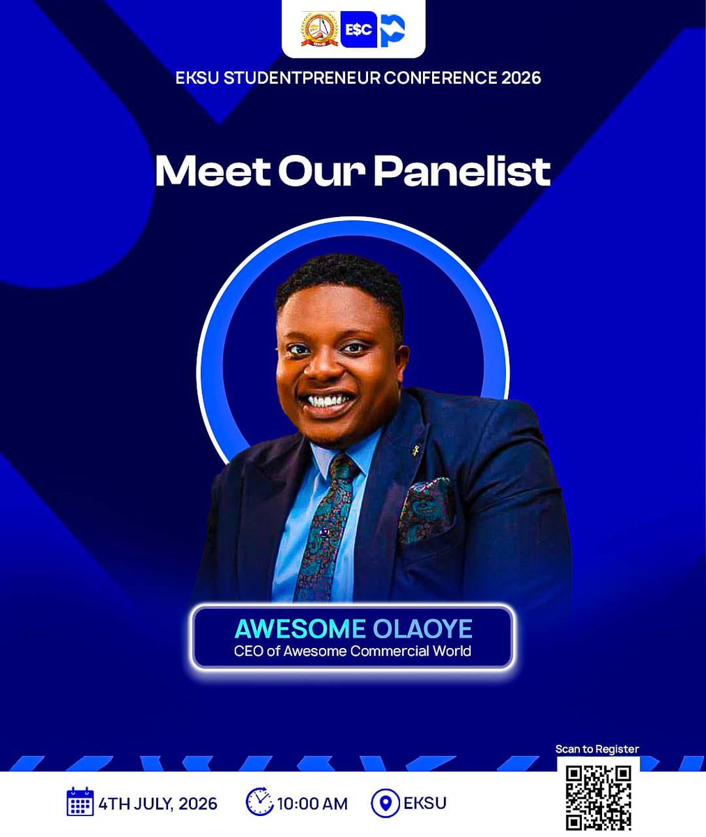 Thepagedon_OVM's tweet photo. PANELIST UNVEIL🔥

Are you ready? 

Meet Awesome Olaoye, one of our Panelists at the EKSU Studentpreneur Conference 2026.

Get ready for practical insightsand success strategies from an industry leader.

🔗 Register: https://t.co/DG8g7YIbRy

Secure your spot now ✅

#Ekiti #eksu https://t.co/q3xsyJChzz