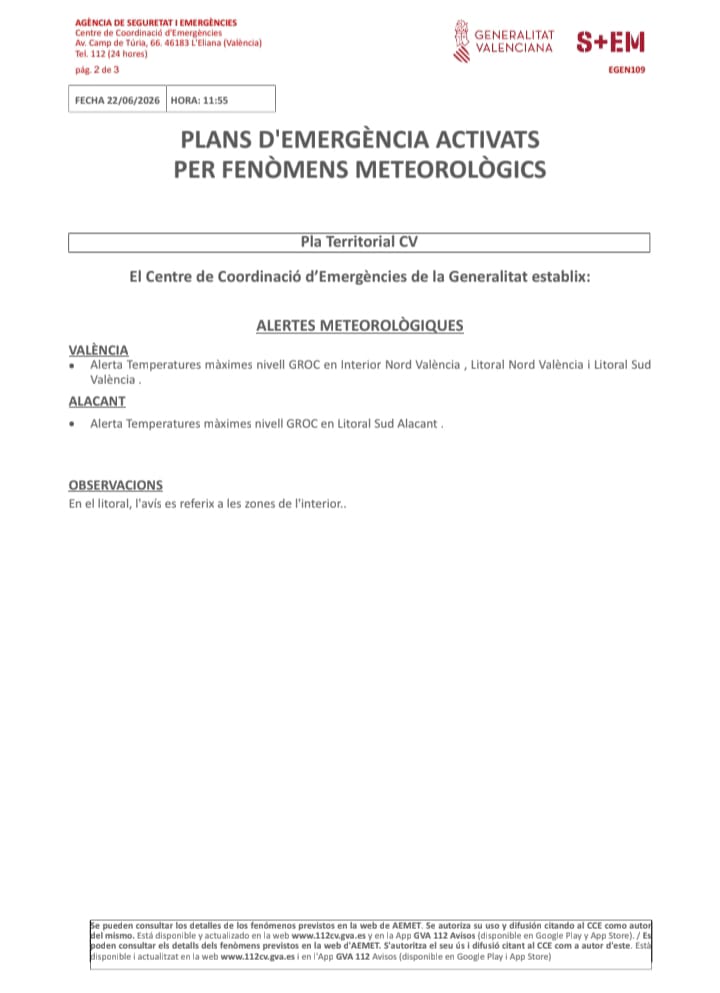 GVA112's tweet photo. (11:55 h) 🌡El Centro de Coordinación de Emergencias emite boletín de fenómenos meteorológicos y establece:

🟡Alerta por temperaturas máximas nivel amarillo en el interior norte y litoral de Valencia, y sur de Alicante.

🕜Según @AEMET_CValencia el episodio meteorológico comenzará mañana 23/06 a las 13h.
