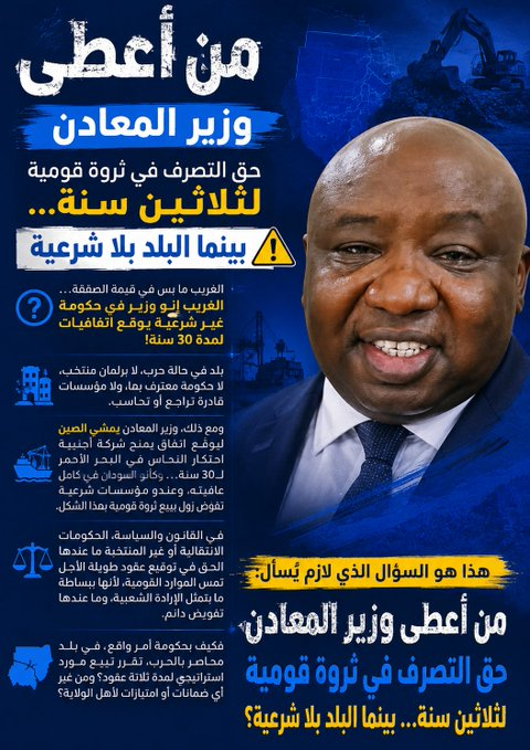 anabaa733's tweet photo. كيف يُمنح وزير المعادن حق توقيع اتفاقيات تمتد لـ30 عاماً على ثروة قومية في ظل وضع سياسي غير مستقر؟ دولة بلا مؤسسات منتخبة ولا رقابة فعّالة، ومع ذلك تُبرم عقود طويلة تمس موارد استراتيجية دون شفافية أو نقاش وطني. سؤال مشروع حول الشرعية والمساءلة وحماية الموارد. https://t.co/2TIzeP2YQR