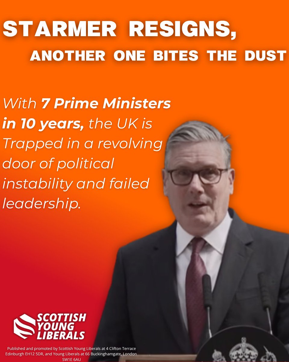 ScotYoungLibs's tweet photo. 🇬🇧🥀 Another one bites the dust.

Britain is trapped in a revolving door of political instability and failed leadership. 

By lacking a clear vision and tip-toeing around the bold solutions, Starmer has failed to fix our broken politics and restore public trust. https://t.co/qgjNSlWwXH