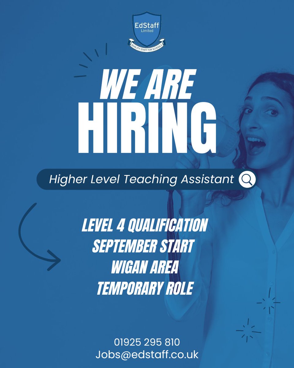 EdstaffLtd's tweet photo. 📢 We're hiring a Higher Level Teaching Assistant
📍Wigan Area
📅 eptember Start
📄Temporary Role
✅ Level 4 Qualification Required
📧 Jobs@edstaff.co.uk
📞01925 295 810
🌐https://t.co/JtYCygNllq
#HLTA #TeachingAssistant #WiganJobs #EducationJobs #SeptemberStart #NowHiring https://t.co/NeZgIqzvu2