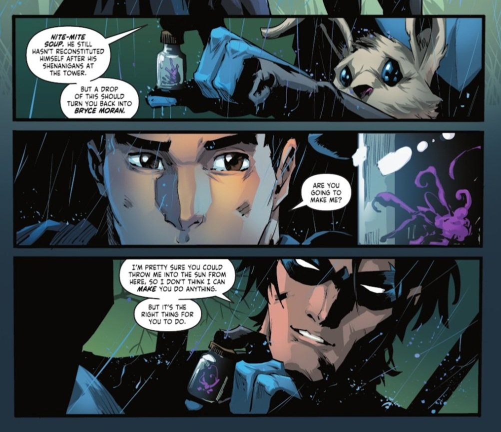 NightChesh's tweet photo. Also they will kill me for this but this to me felt like it could be also read as a trans kid not wanting to go back to how they were, to their old self. While also their parent feeling confused about the change but trying to be understanding. https://t.co/XzESkXoA6X